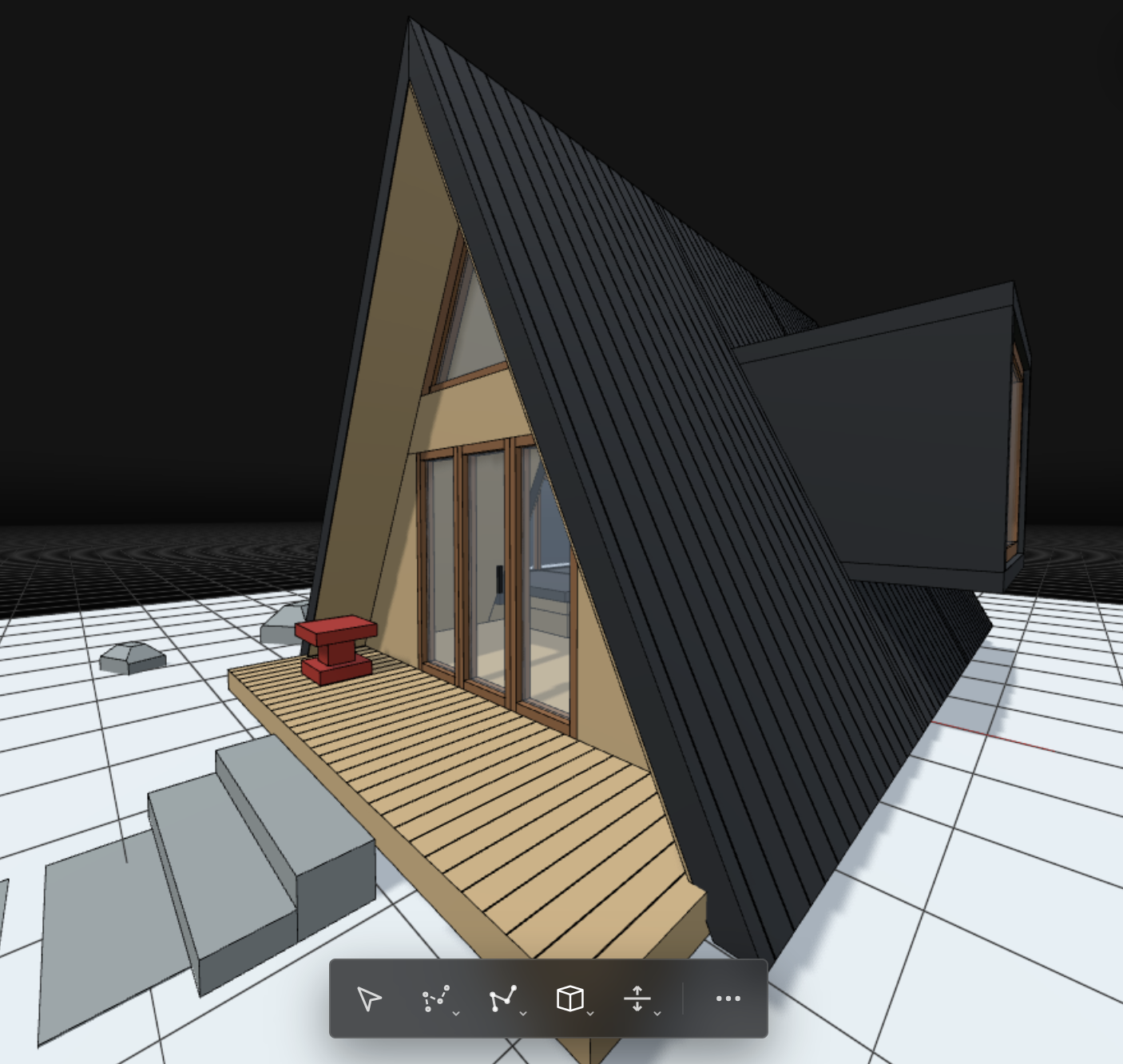 A-frame cabin in Modelcore showing roof board linework and plywood lining around the covered entry.