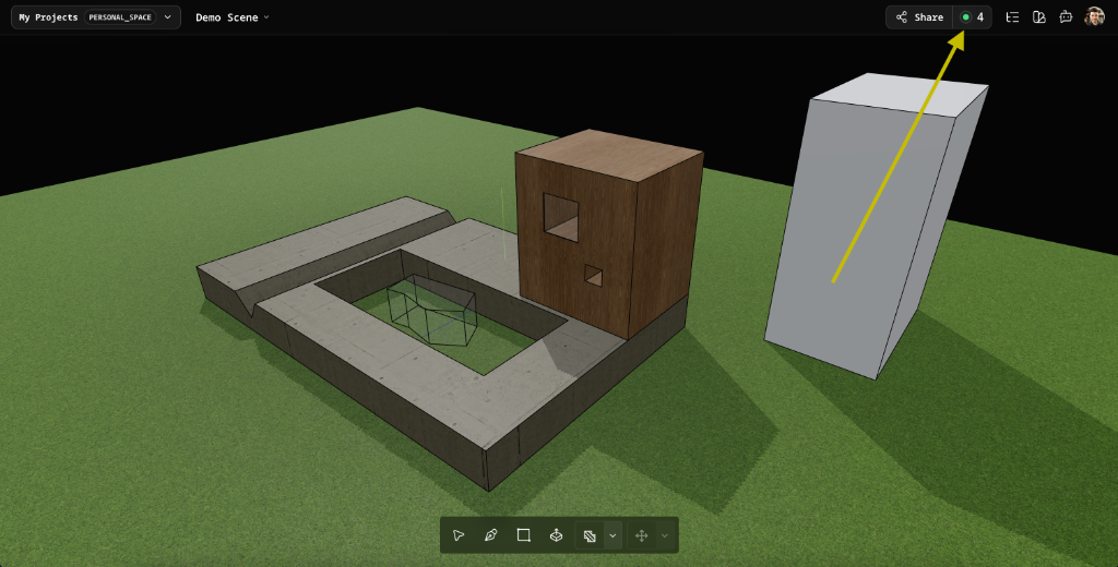 Real-time collaboration in Modelcore showing multiple users editing a 3D scene together